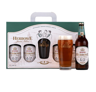 Browar Zamkowy Cieszyn: Zestaw prezentowy Herbowe + szklanka 4x500 ml